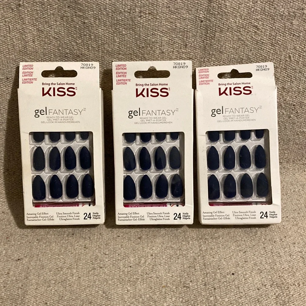 Dark Matte Blue Kiss Gel Fantasy Glue Press On Nails Coffin Halloween Set of 3